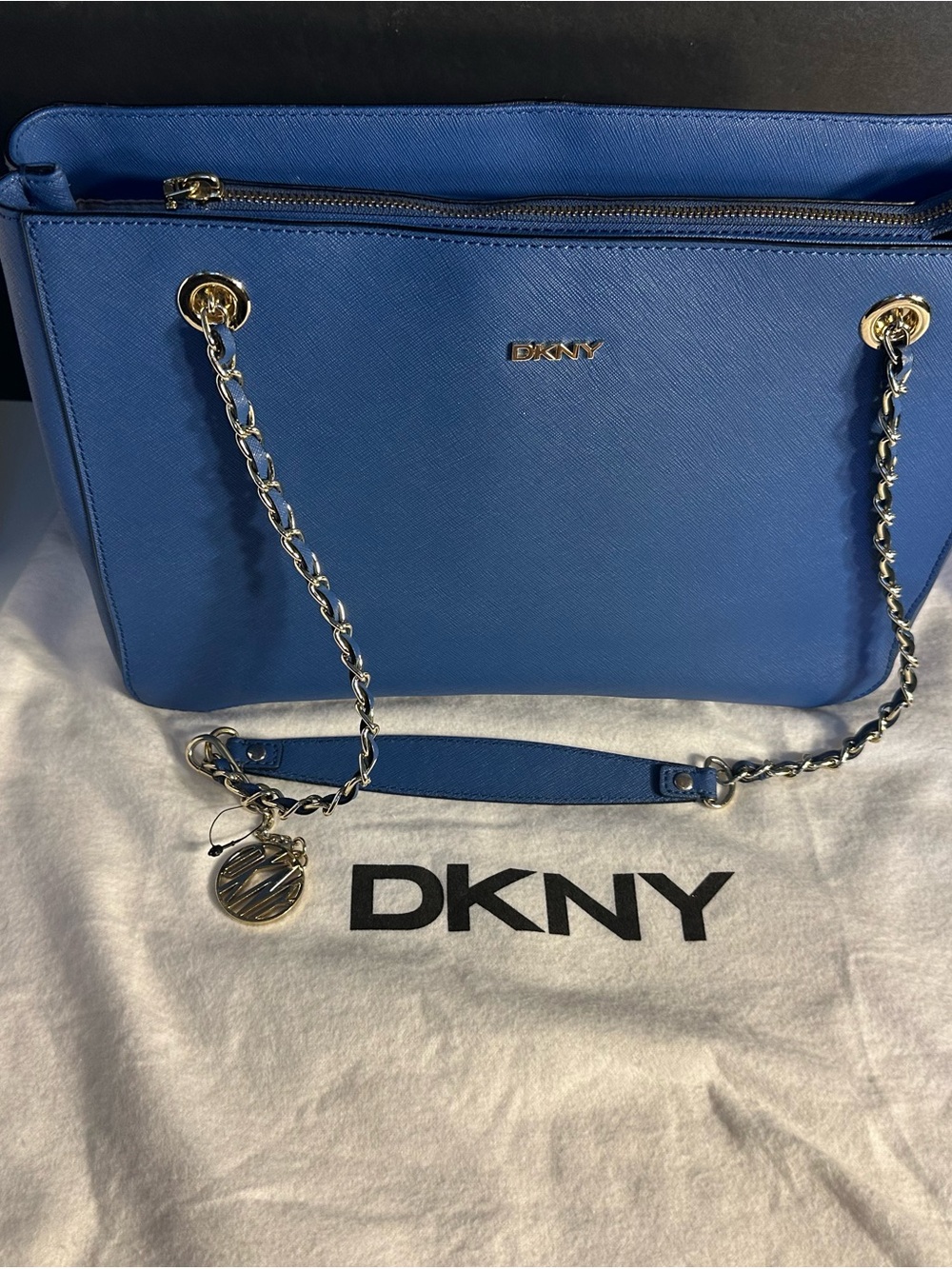 DKNY Blue Saffiano Leather Chain Shoulder Bag